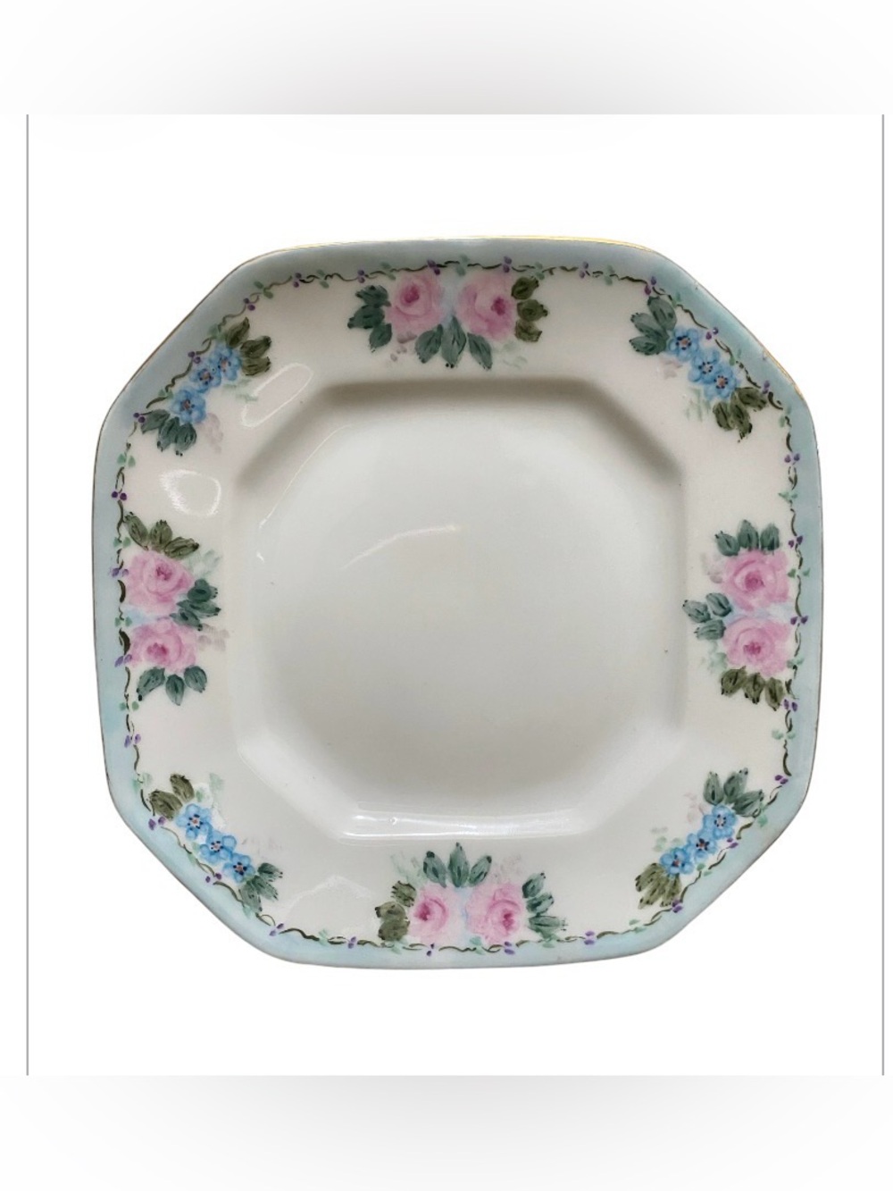 Antique rare Limoges Octagonal Salad Plate W/ Pink Roses & Blue Blooms signed
